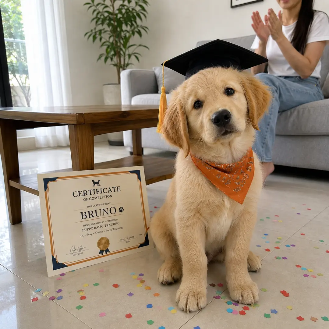 Puppy yang sama pakai topi wisuda mini di samping sertifikat