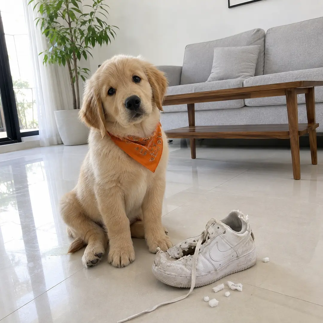 Puppy duduk di samping sepatu sneaker yang hancur tergigit
