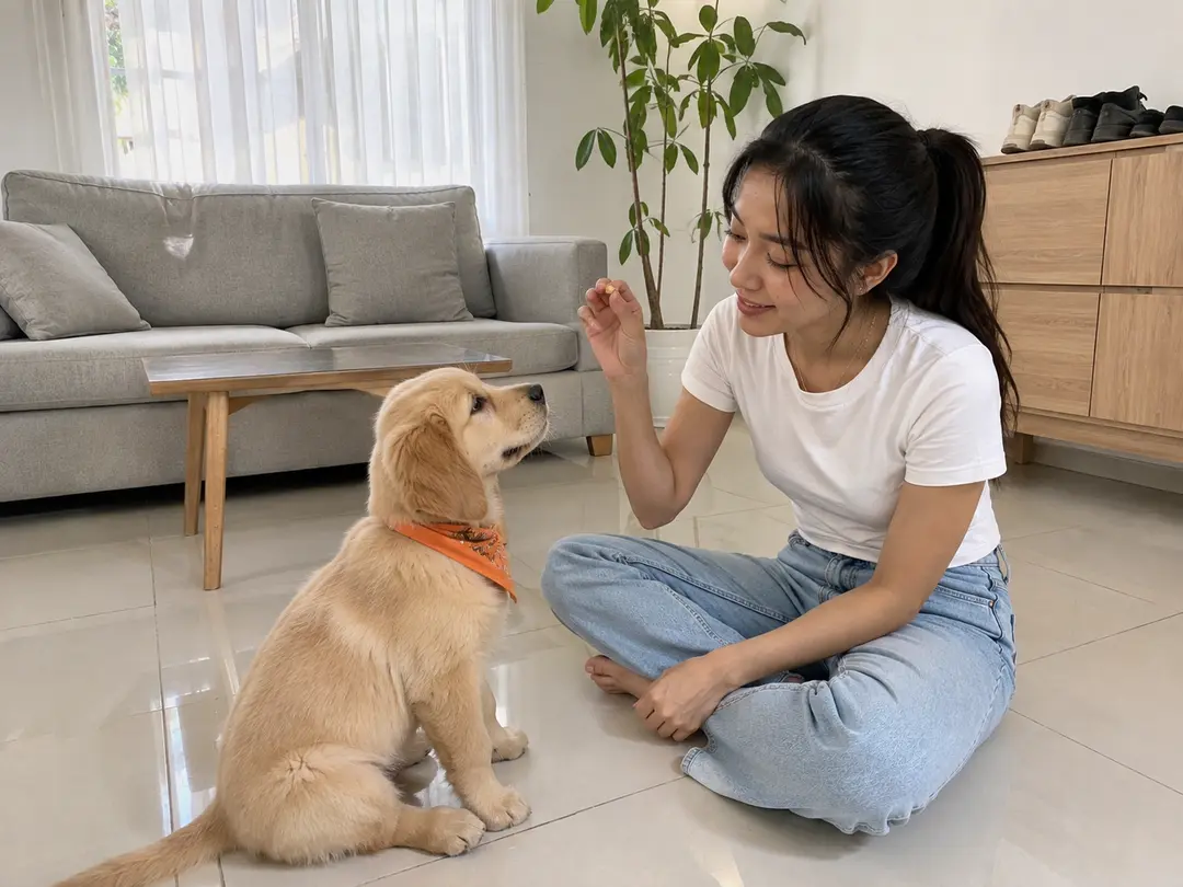 Pemilik melatih puppy Golden Retriever duduk manis di ruang tamu