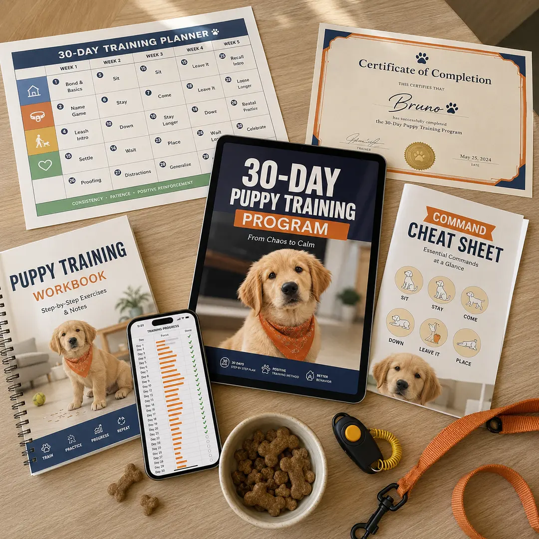 Mockup 30-Day Puppy Training Program: ebook, planner, kalender 30 hari, cheat sheet, dan sertifikat