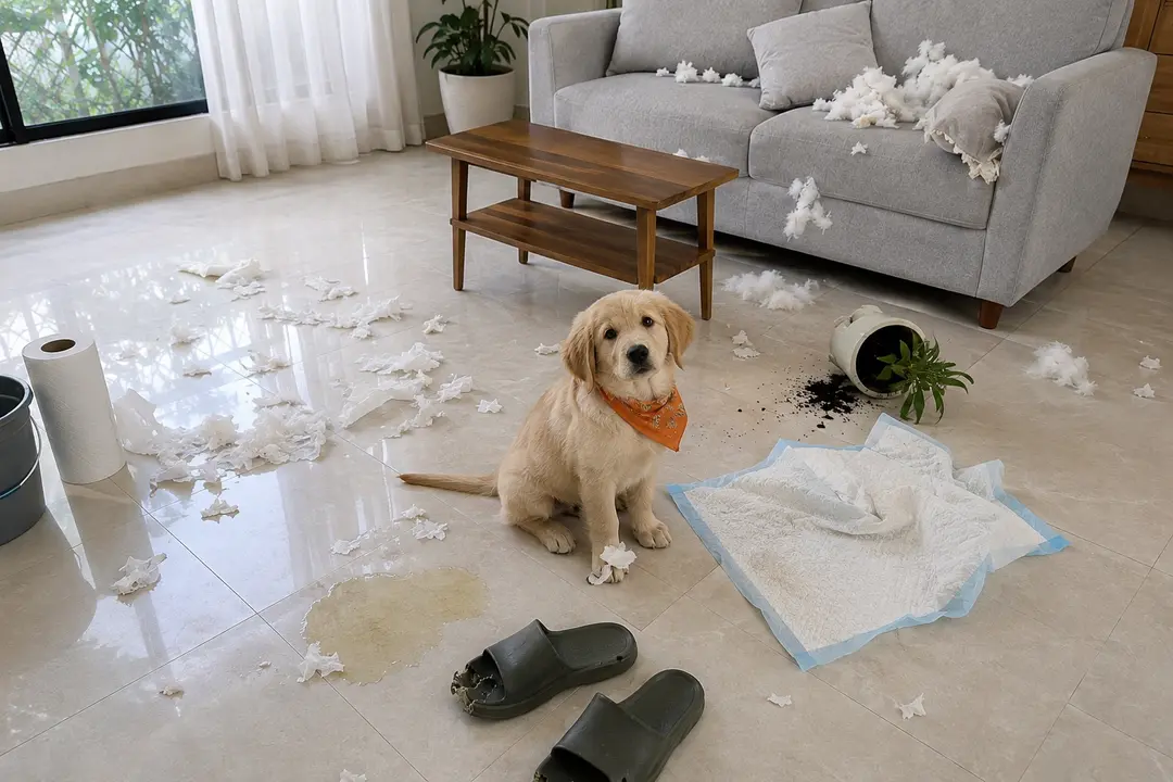 Ruang tamu berantakan gara-gara puppy: genangan pipis, tisu tercabik, sandal tergigit